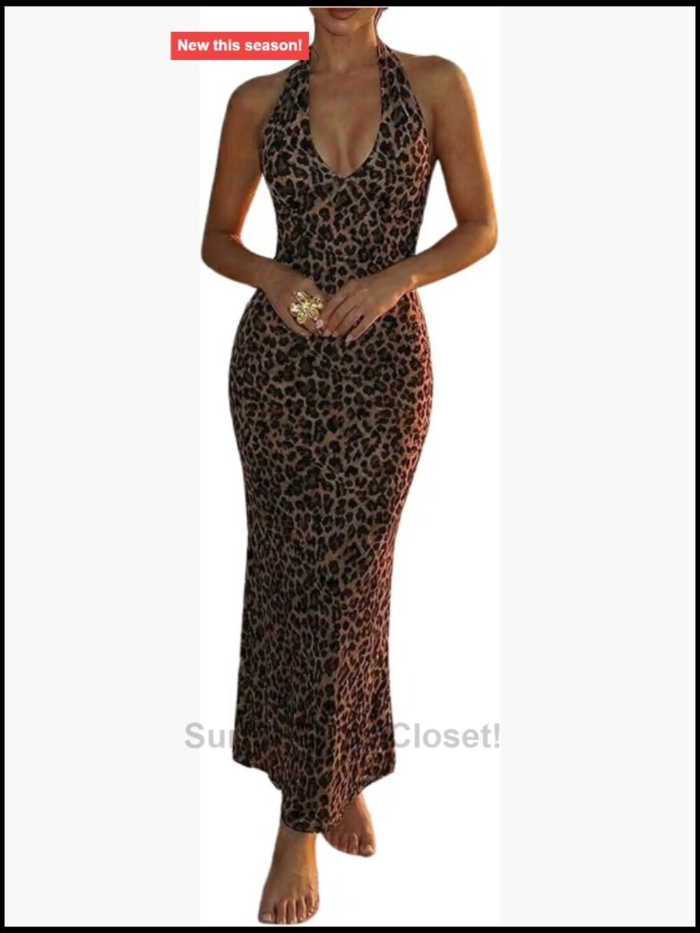 Women's Leopard Print Halter Maxi Dress Bodycon Backless Deep V Neck Party